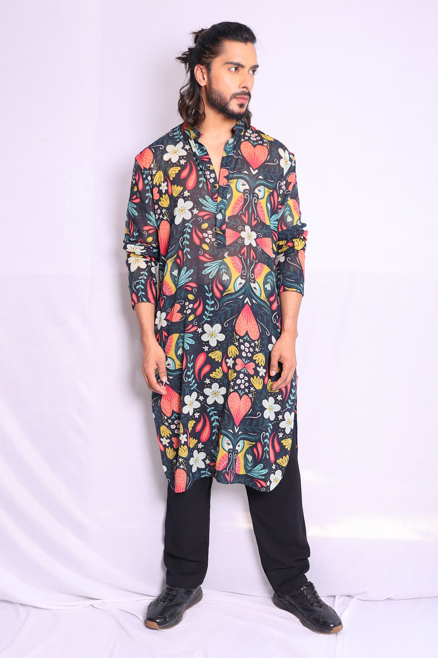 MULTI COLOR , HANDLOOM BRUCE RETRO FLORAL KING PRINT KURTA WITH PAJAMA