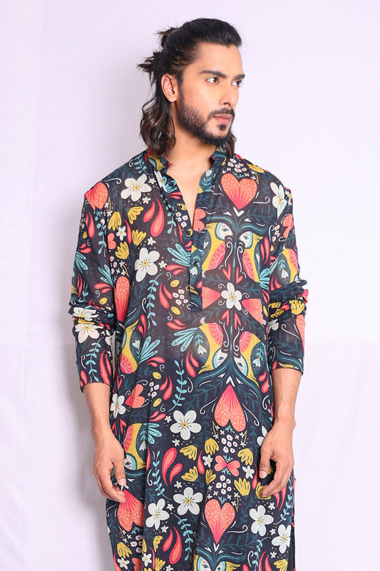 MULTI COLOR , HANDLOOM BRUCE RETRO FLORAL KING PRINT KURTA WITH PAJAMA