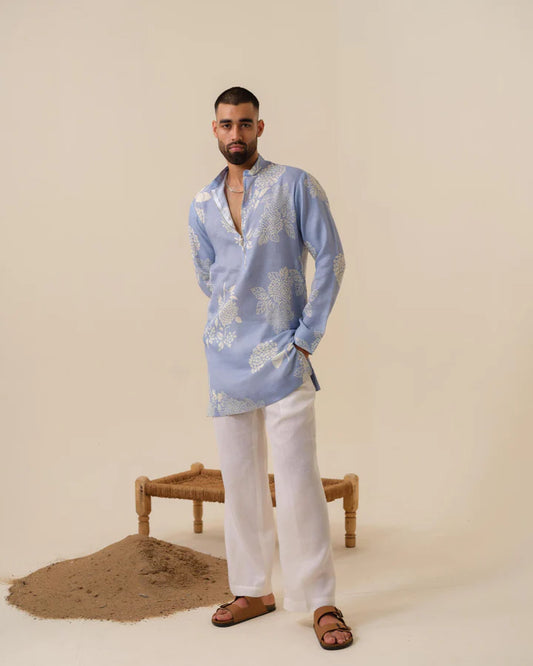 MULMUL MEN'S BLUE KURTA IN ZIPPER