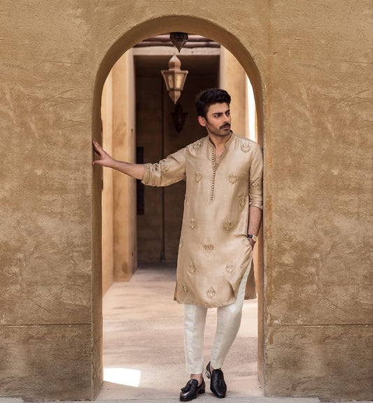 MID CREAM EMBROIDERY WORK MEN'S KURTA