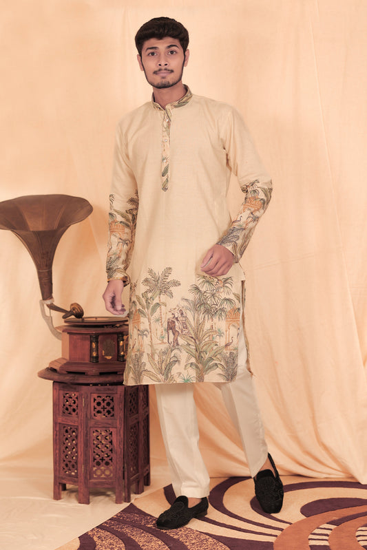 KING MEN PRINTED KHADI COTTON STRAIGHT KURTA