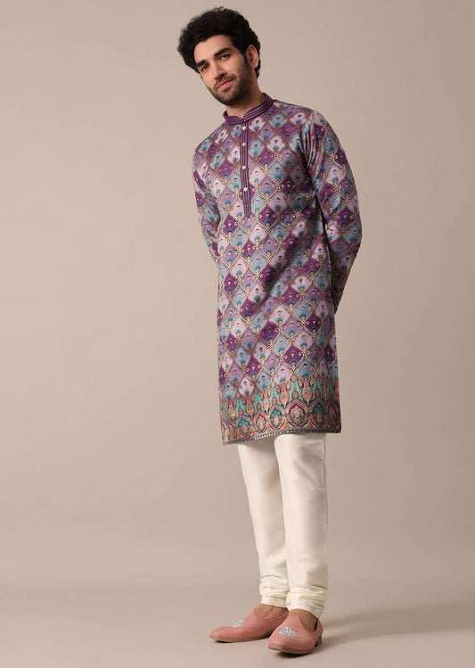 FESTIVE PURPLE SILK DAMAN PRINT MEN KURTA SET