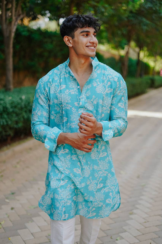 KING MINT GREEN PRINTED KURTA WITH PAJAMA SET FOR MEN