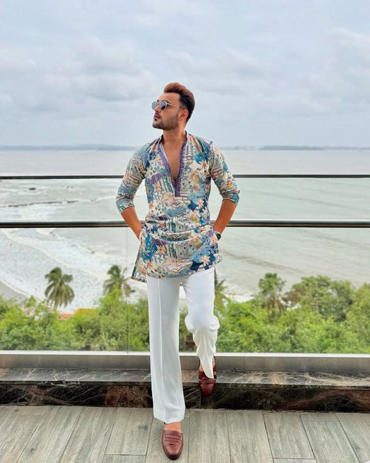 STOEM GREY MIX FLOWER PRINTED KURTA SET