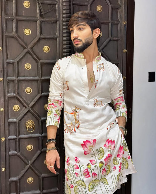WHITE COW WITH LOTUS PRINTED KURTA SET