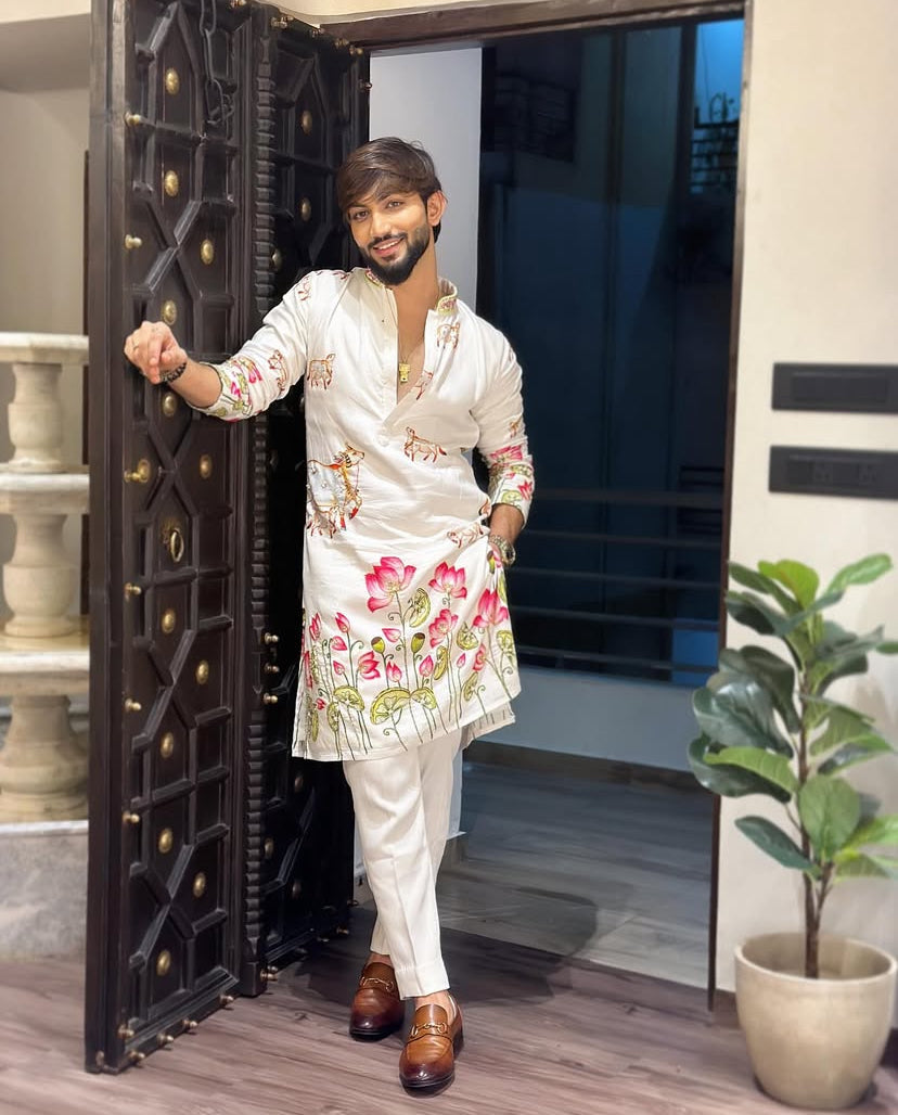 WHITE COW WITH LOTUS PRINTED KURTA SET