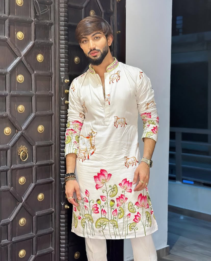 WHITE COW WITH LOTUS PRINTED KURTA SET