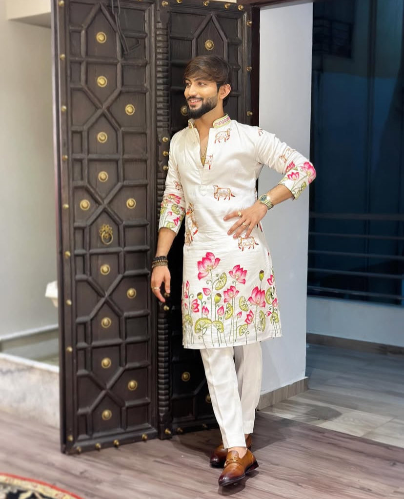 WHITE COW WITH LOTUS PRINTED KURTA SET