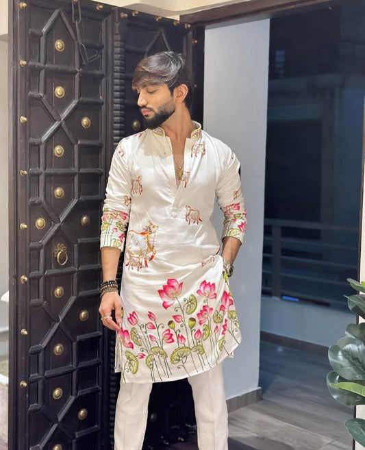 WHITE COW WITH LOTUS PRINTED KURTA SET