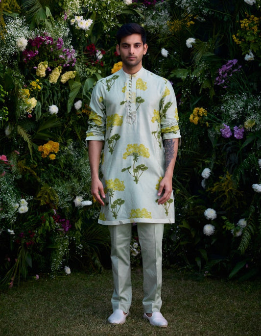 THE ROYAL MISS GREEN CHANDERI EMBROIDERY HAND BLOCK PRINT KURTA AND TROUSER SET