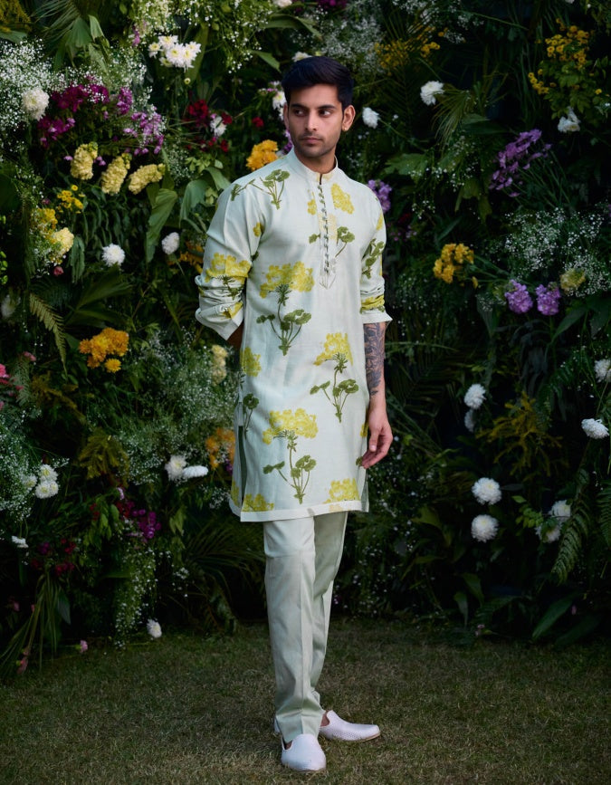 THE ROYAL MISS GREEN CHANDERI EMBROIDERY HAND BLOCK PRINT KURTA AND TROUSER SET