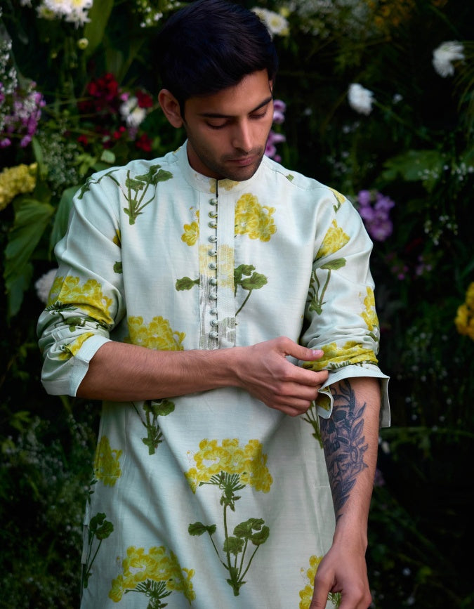 THE ROYAL MISS GREEN CHANDERI EMBROIDERY HAND BLOCK PRINT KURTA AND TROUSER SET