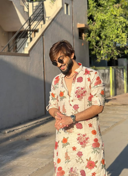 IVORY ROSE PRINTED KURTA PAJAMA SET FOR MEN'S