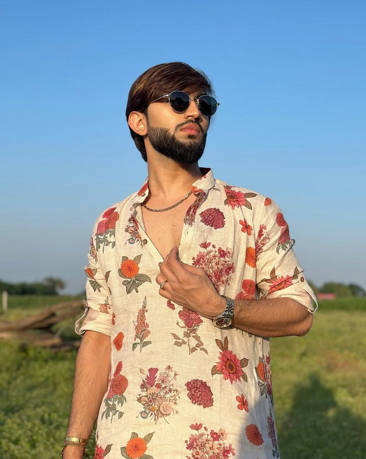 IVORY ROSE PRINTED KURTA PAJAMA SET FOR MEN'S