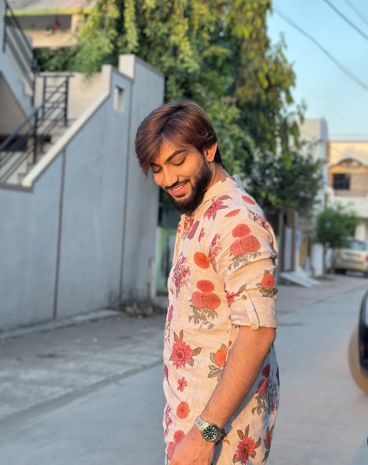 IVORY ROSE PRINTED KURTA PAJAMA SET FOR MEN'S