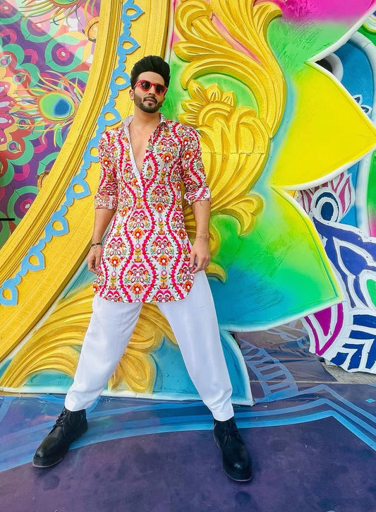 RED AND WHITE PRINTED KURTA PAJAMA SET FOR MEN'S