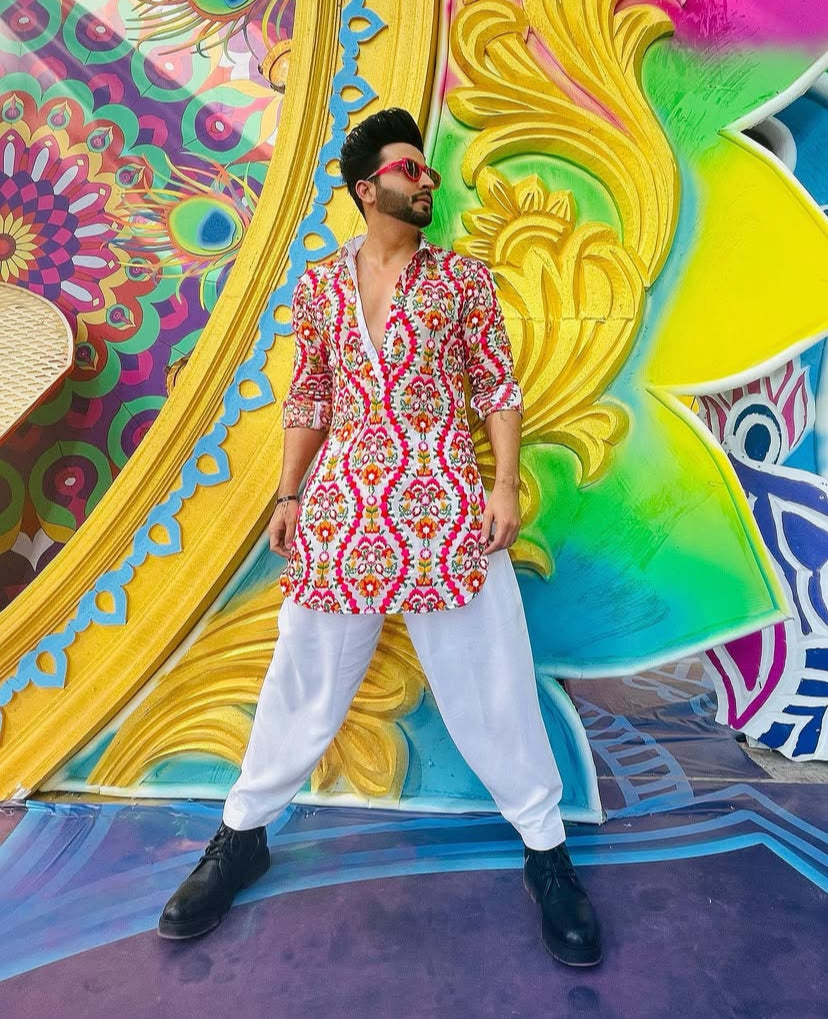 RED AND WHITE PRINTED KURTA PAJAMA SET FOR MEN'S