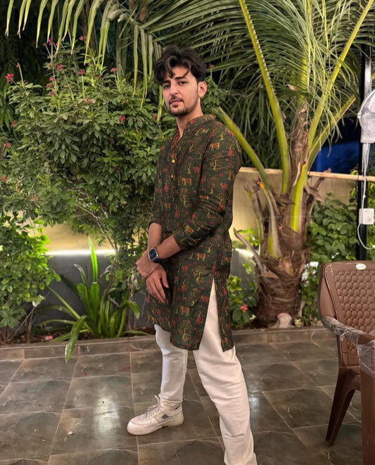 OLIVE GREEN PRINTED KURTA PAJAMA SET