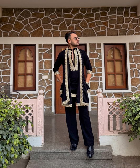 BLACK EMBROIDERED KURTA PANT SET WITH DUPATTA