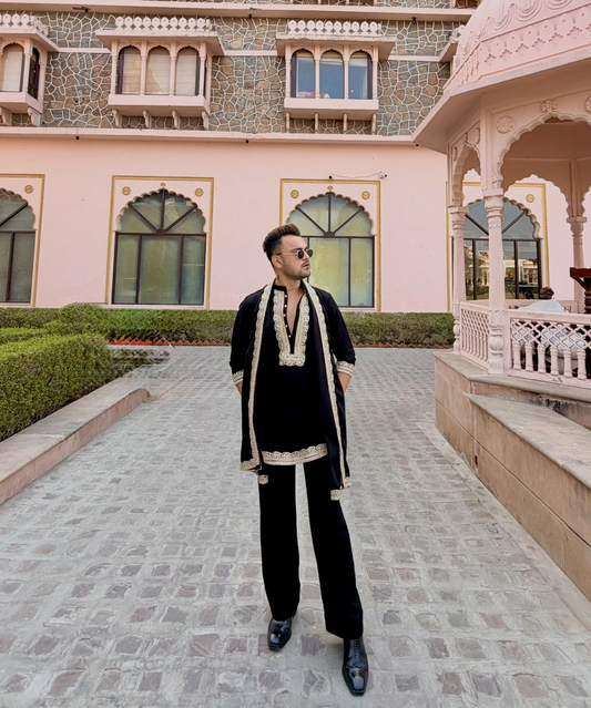BLACK EMBROIDERED KURTA PANT SET WITH DUPATTA