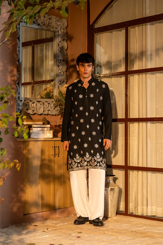Black Cotton Blend Gold Patran Work KURTA