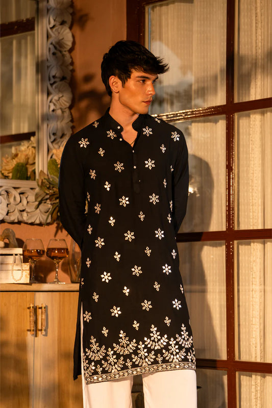Black Cotton Blend Gold Patran Work KURTA