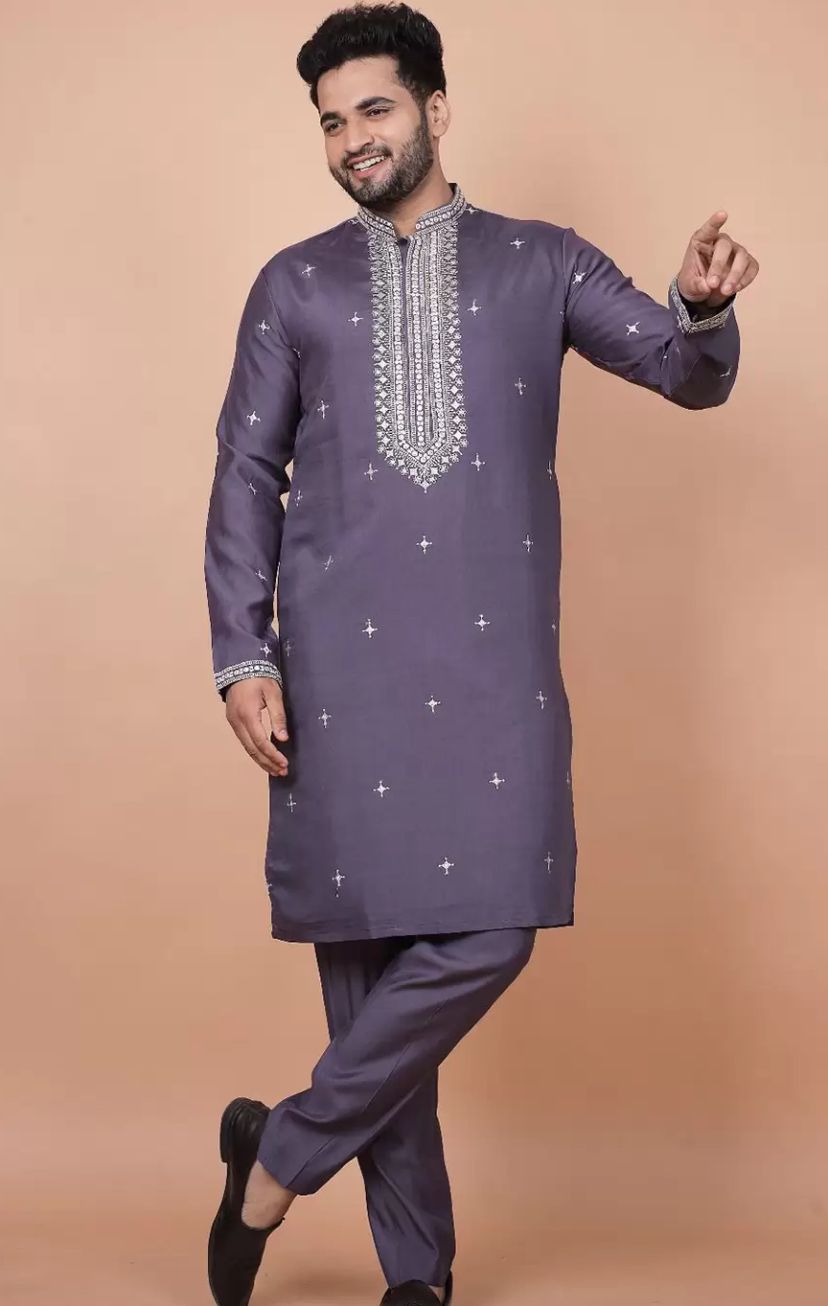 FLORAL EMBROIDERED THREAD WORK MANDARIN COLLAR KURTA WITH TROUSERS