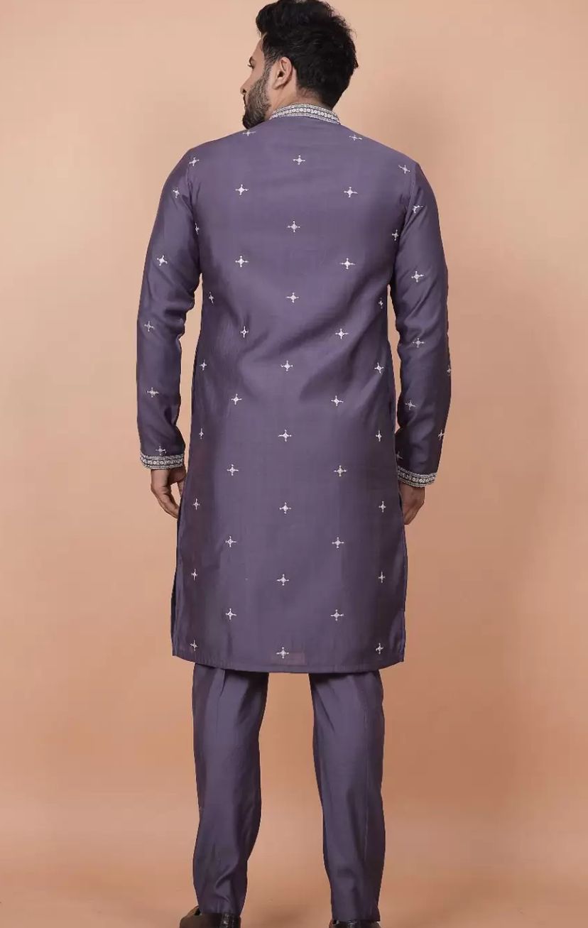 FLORAL EMBROIDERED THREAD WORK MANDARIN COLLAR KURTA WITH TROUSERS