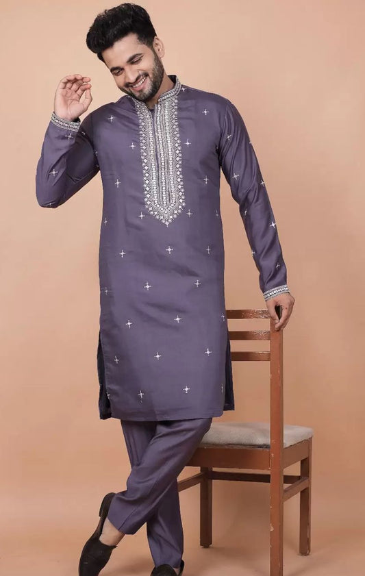 FLORAL EMBROIDERED THREAD WORK MANDARIN COLLAR KURTA WITH TROUSERS