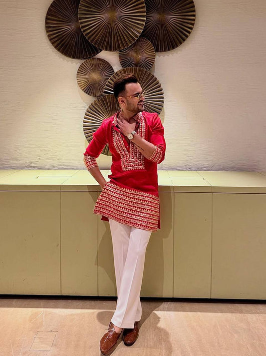 RED EMBROIDERED KURTA PANT SET
