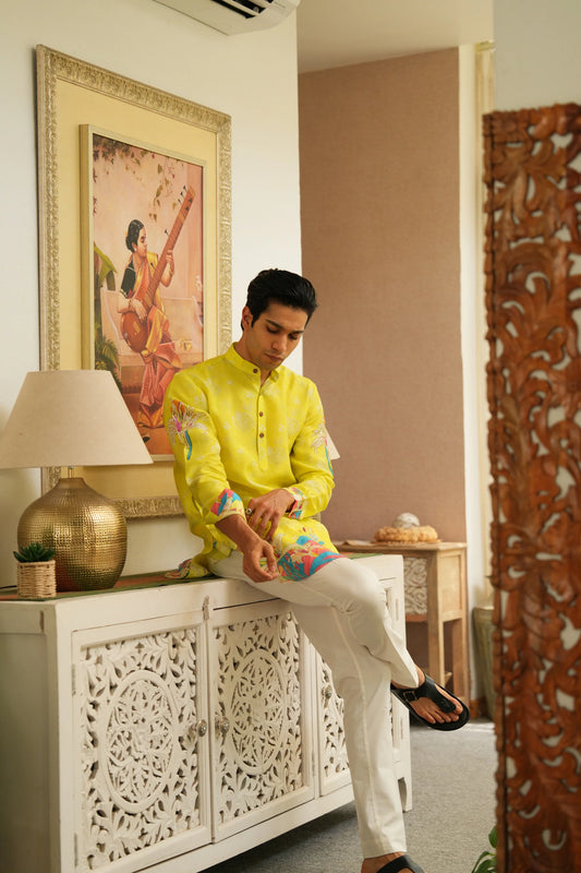CITRUS SPLASH YELLOW CAMELLIA FLOWER KURTA