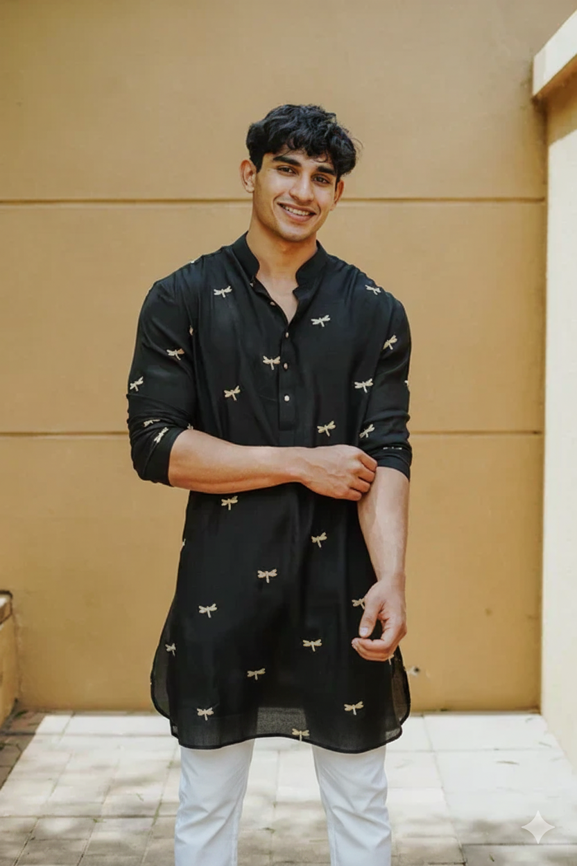 BLACK DRAGONFLY EMBROIDERY WORKED WEDDING KURTA