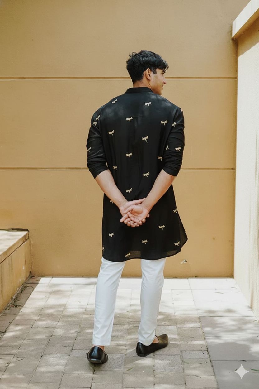 BLACK DRAGONFLY EMBROIDERY WORKED WEDDING KURTA