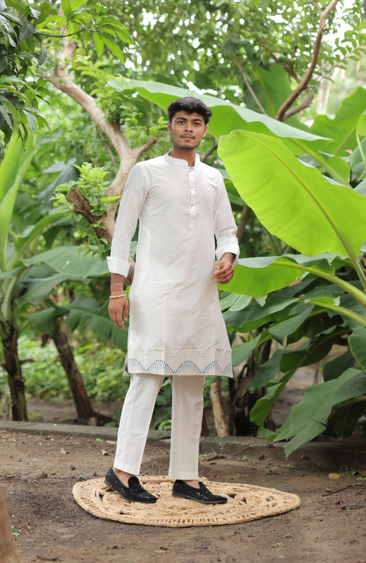 WAVVY WHITE CLASSIC BUTI MEN'S DESIGNER PREMIUM KURTA