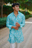 KING MINT GREEN PRINTED KURTA WITH PAJAMA SET FOR MEN