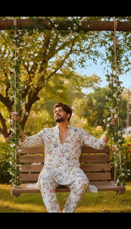 WHITE NARGIS PRINT BOMBER KING KURTA