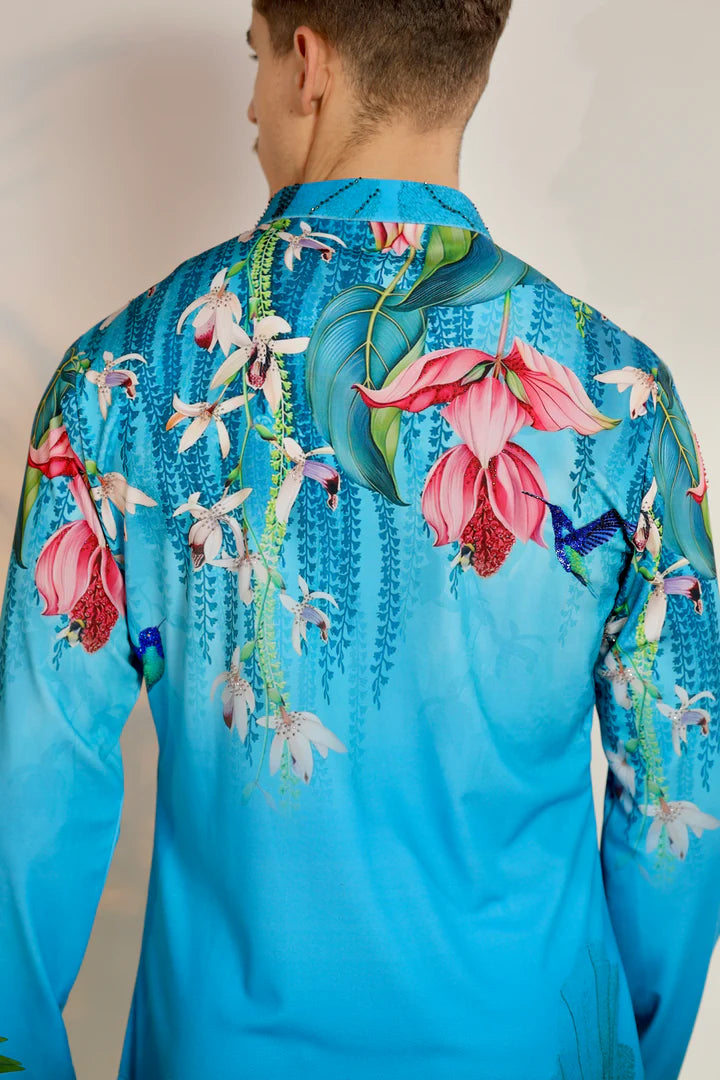 Men's Blue Floral Printed Kurta