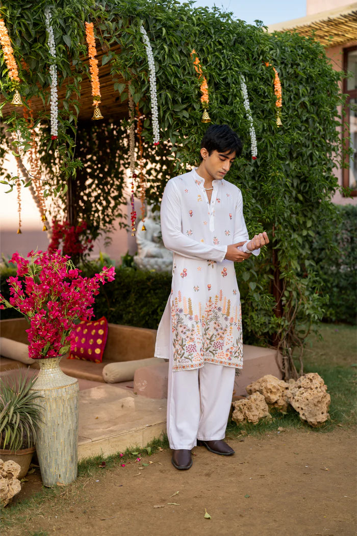 COTTON BLEND BOTANICAL THREAD AND SEQUIN WORK EMBROIDERY WITH SEQUENCE WEDDING AND FESTIVE KURTA