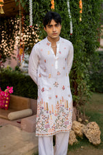 COTTON BLEND BOTANICAL THREAD AND SEQUIN WORK EMBROIDERY WITH SEQUENCE WEDDING AND FESTIVE KURTA