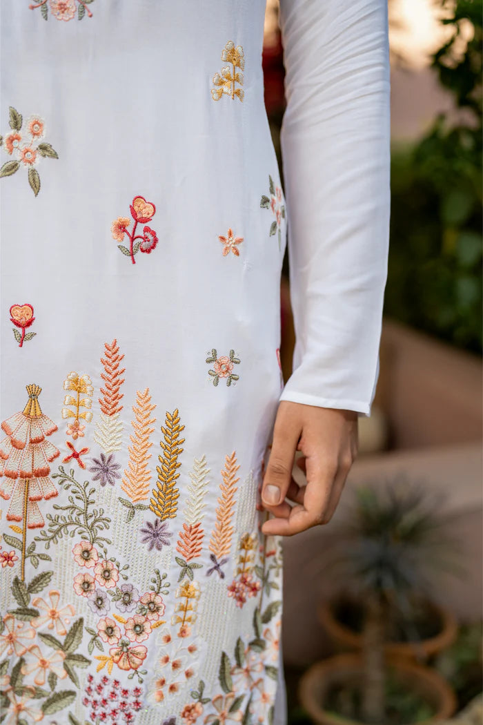 COTTON BLEND BOTANICAL THREAD AND SEQUIN WORK EMBROIDERY WITH SEQUENCE WEDDING AND FESTIVE KURTA