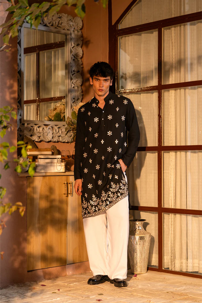 Black Cotton Blend Gold Patran Work KURTA