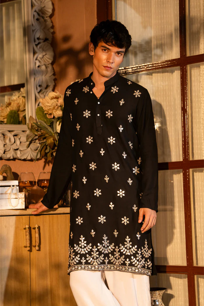 Black Cotton Blend Gold Patran Work KURTA