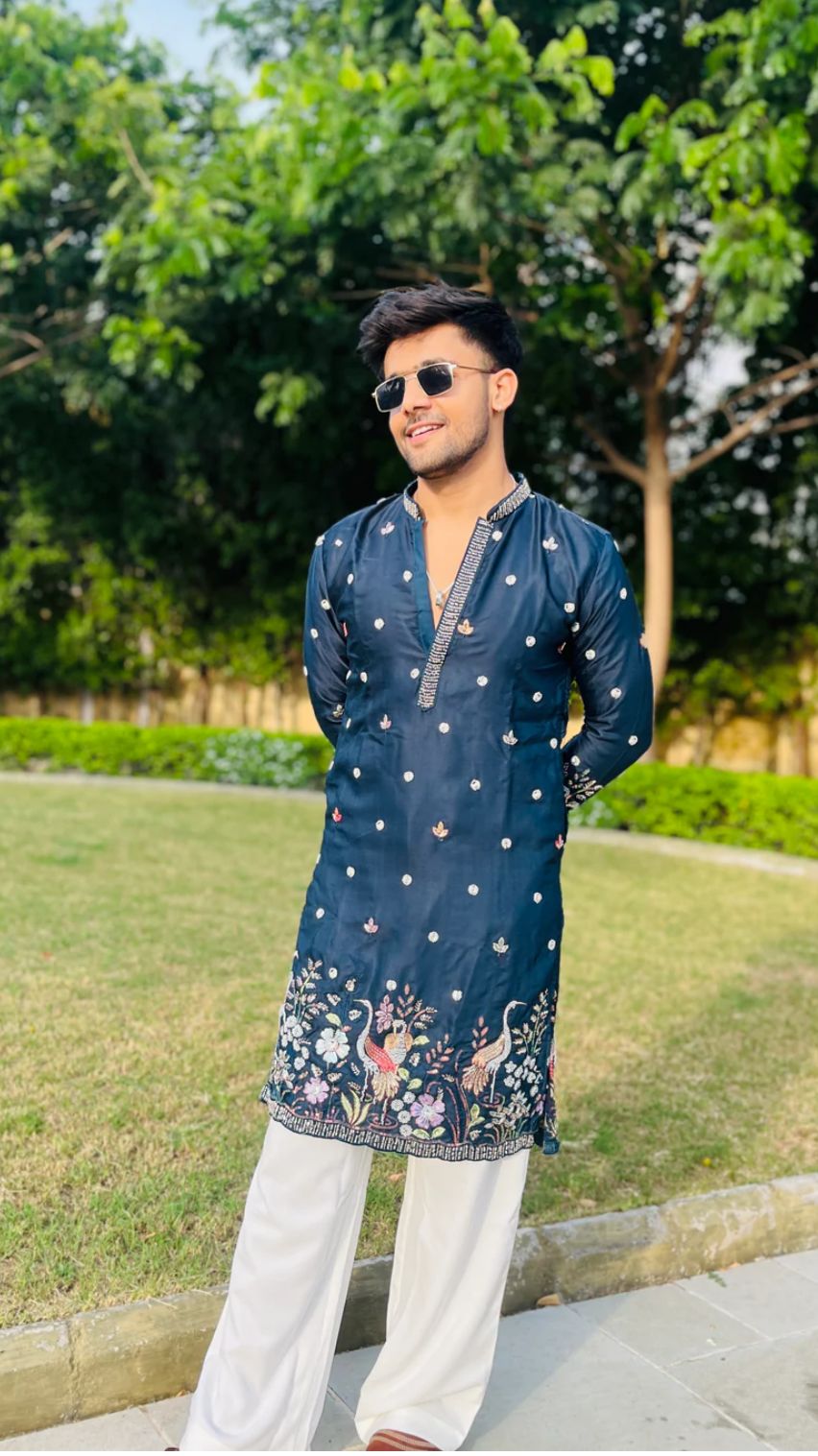 MEN'S BLUE KENZO BEAD WORK EMBROIDERED KURTA SET