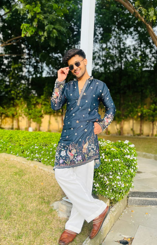 MEN'S BLUE KENZO BEAD WORK EMBROIDERED KURTA SET