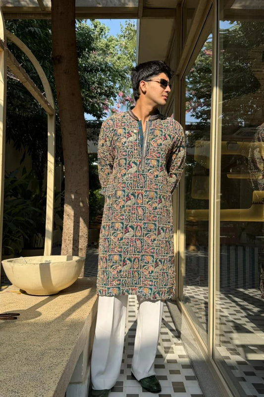 PEACOCK ARTISTRY KURTA – TURQUOISE GREEN| PAIRED WITH LUXURY KOREAN PANTS