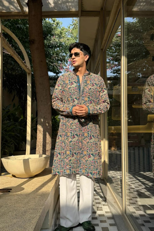 PEACOCK ARTISTRY KURTA – TURQUOISE GREEN| PAIRED WITH LUXURY KOREAN PANTS